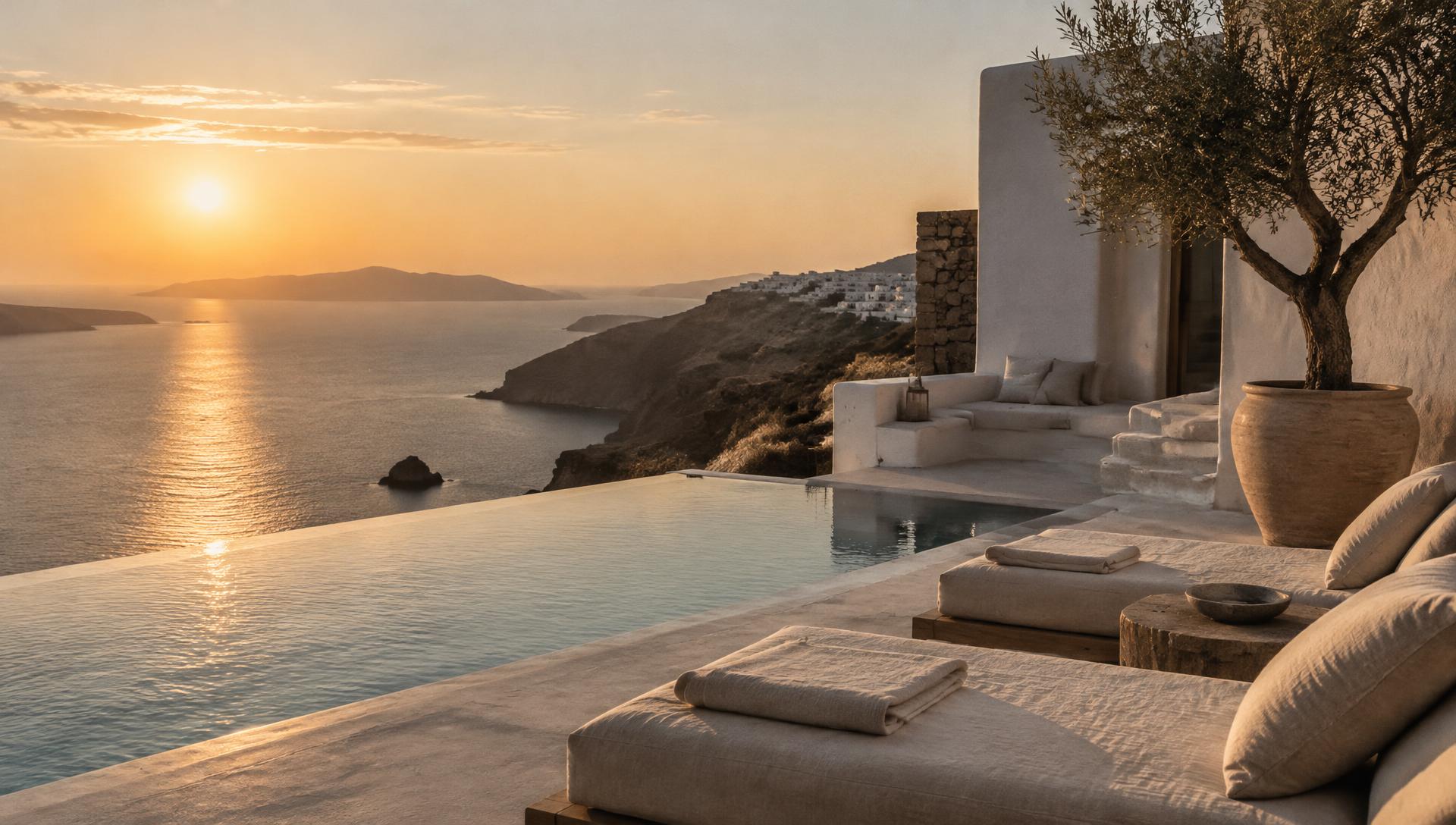 A whitewashed villa terrace with an infinity pool above the Mediterranean at sunset
