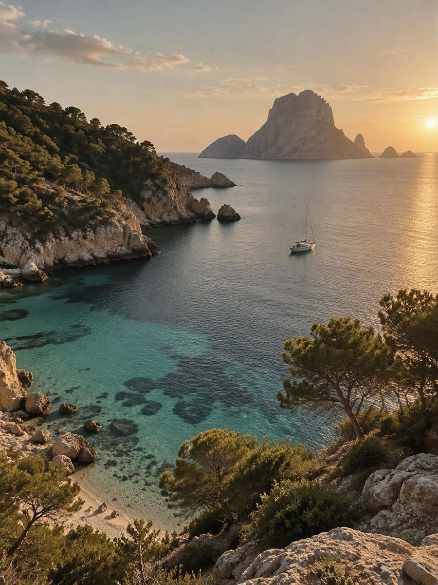 A turquoise cove in Ibiza with the rock of Es Vedrà on the horizon
