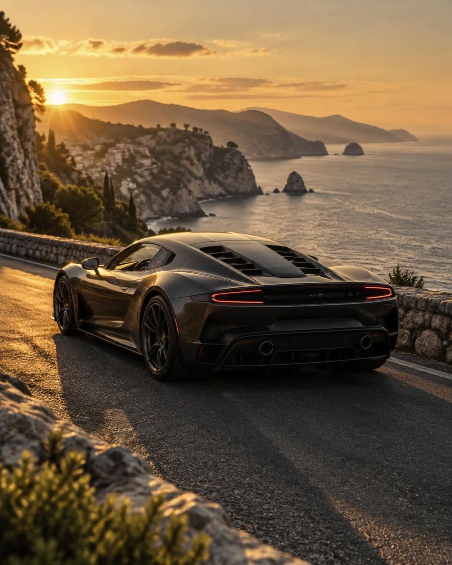 A dark grey supercar on a Mediterranean cliff road at sunset
