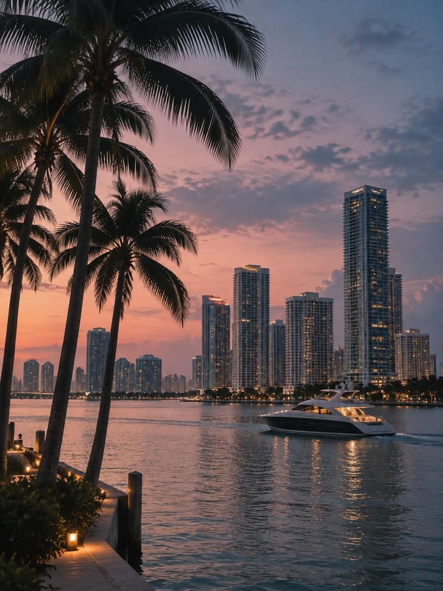 Palm trees and a yacht on Biscayne Bay in Miami at dusk
