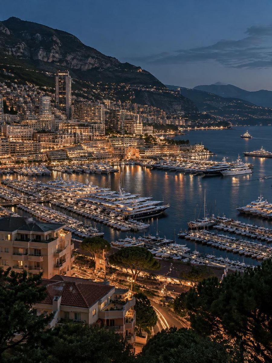 The harbour of Monaco filled with yachts at dusk, city lights on the hillside