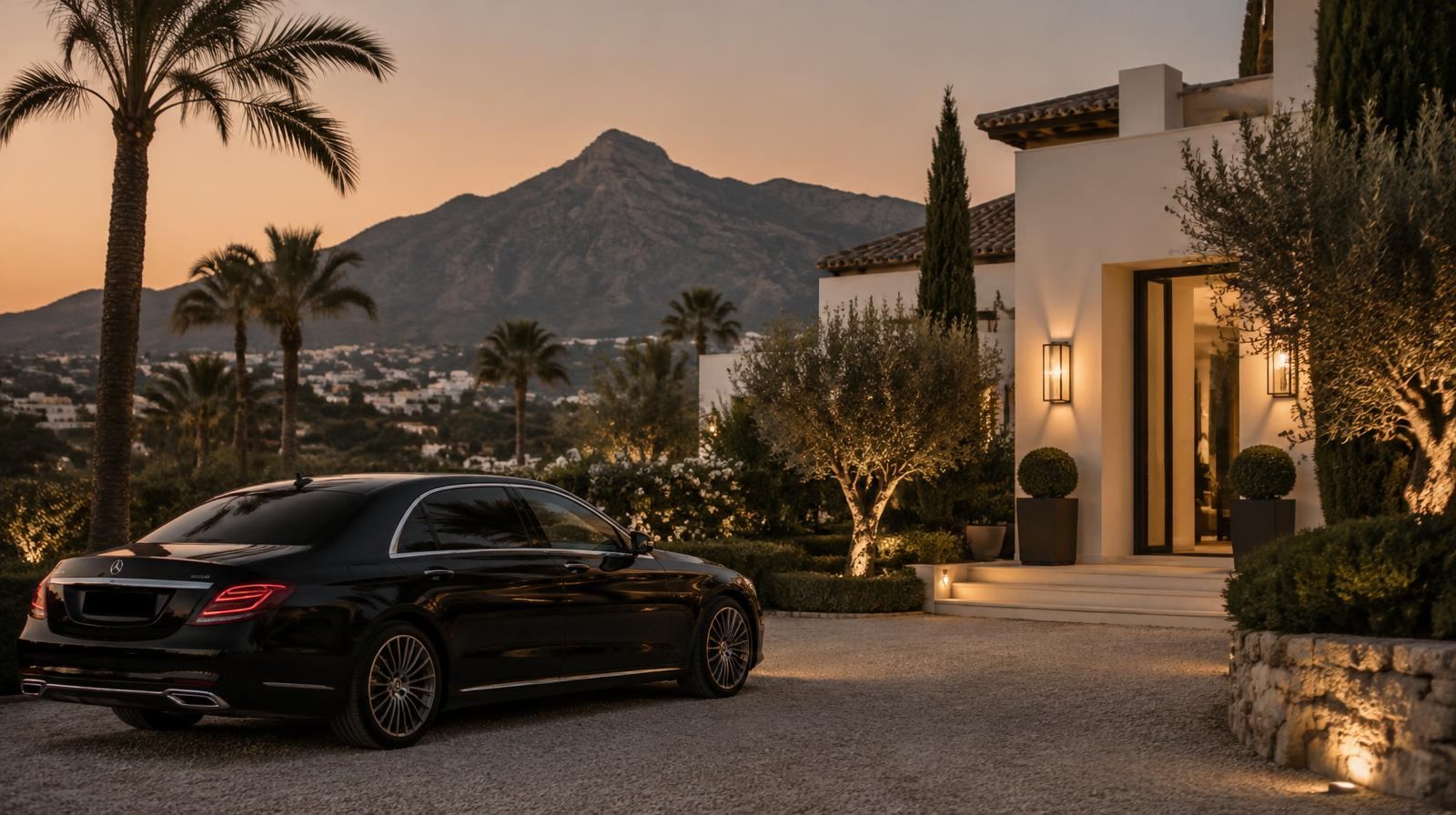 A black chauffeur-driven saloon waiting outside a white Andalusian villa at dusk, the mountains above Marbella behind