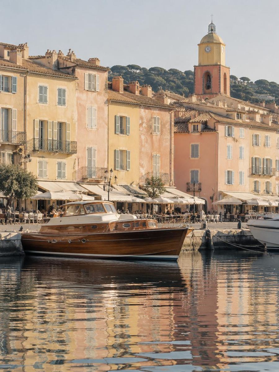 A classic wooden motor yacht moored in front of Saint-Tropez's pastel harbour façades