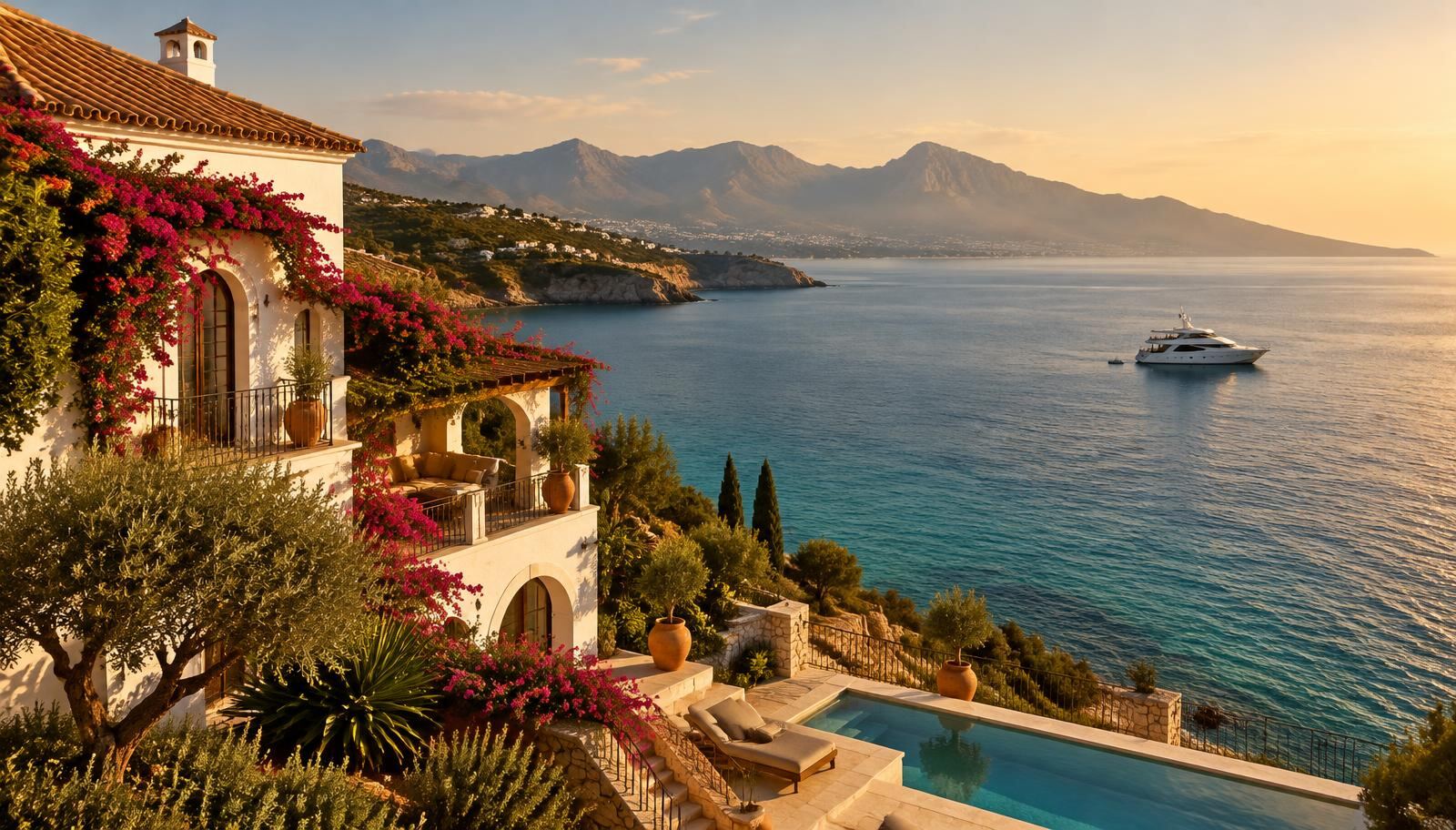 A whitewashed Andalusian villa with bougainvillea and a pool above a calm Mediterranean sea, a yacht at anchor and mountains on the horizon