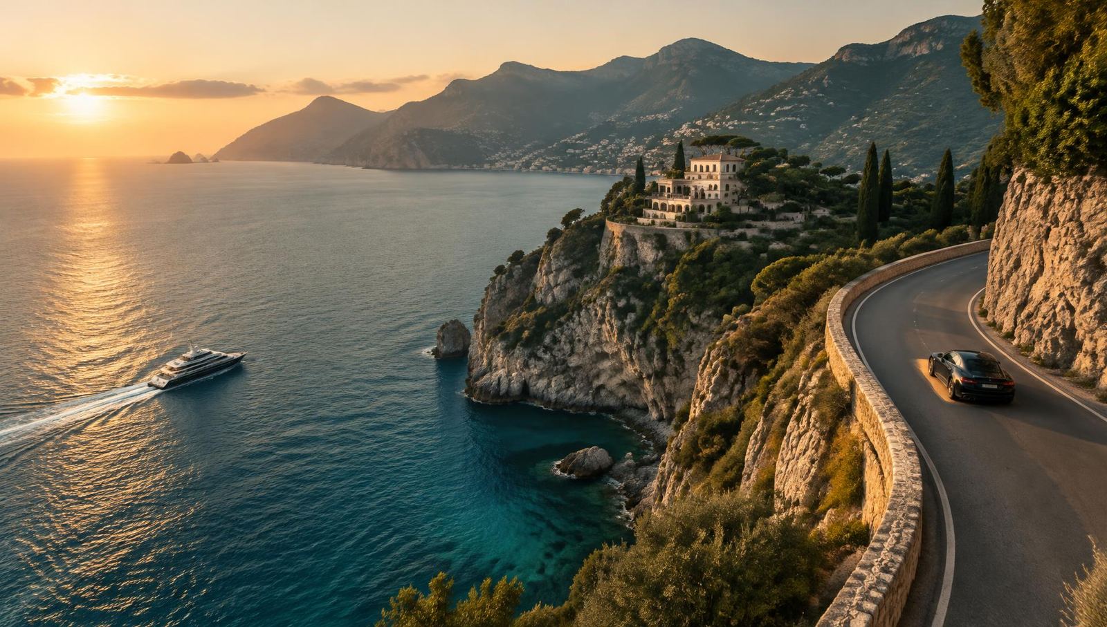 A winding coastal road above the Mediterranean at sunset, a yacht on the water below
