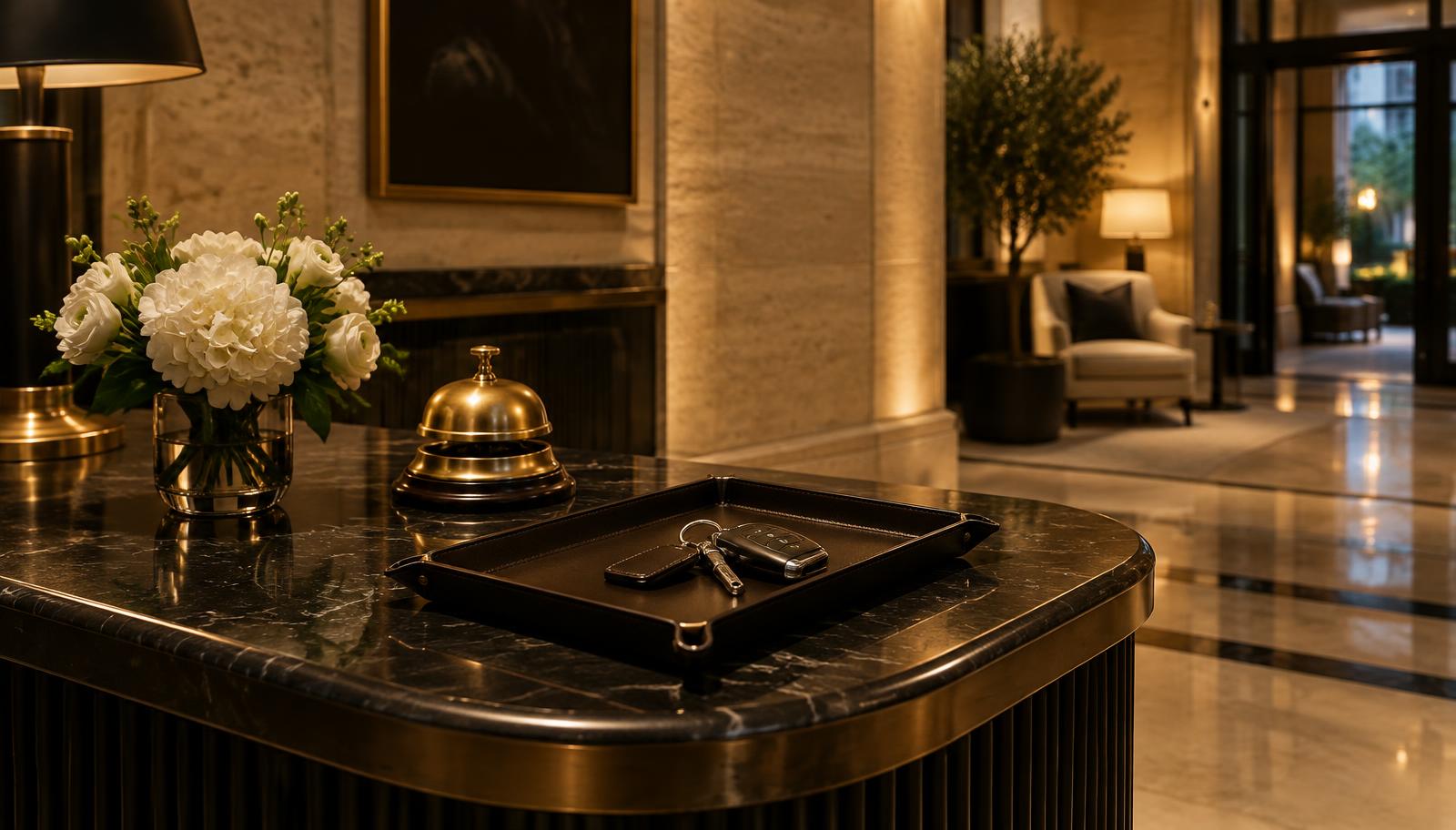 A black marble concierge desk with a brass bell, white flowers and a set of car keys on a leather tray in a softly lit lobby