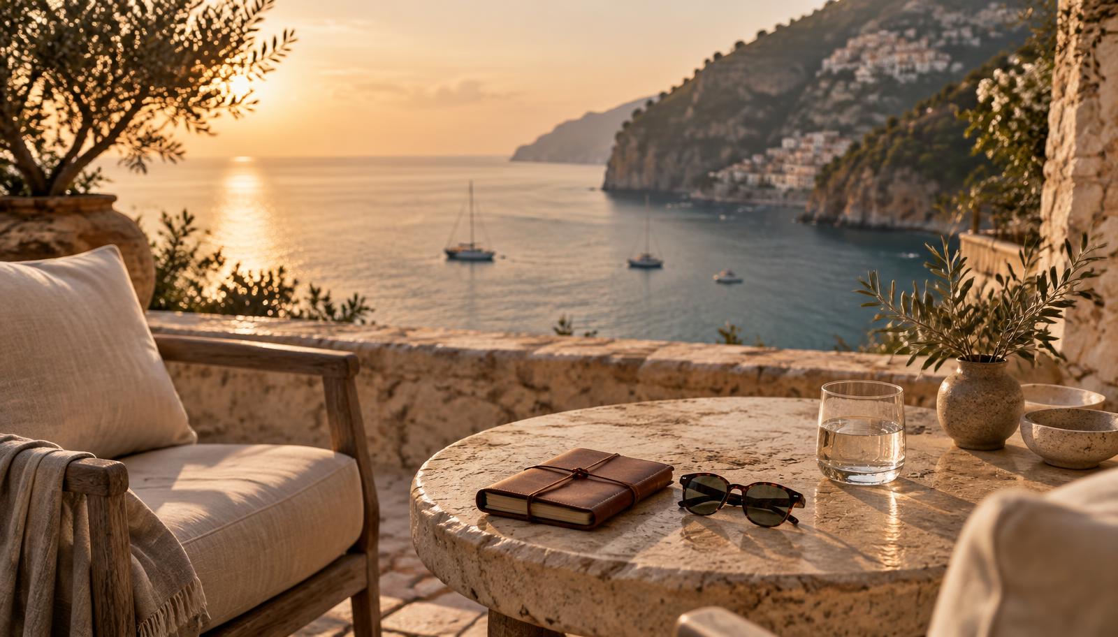 A stone terrace table with a leather notebook, sunglasses and a glass of water overlooking a calm Mediterranean bay at sunset