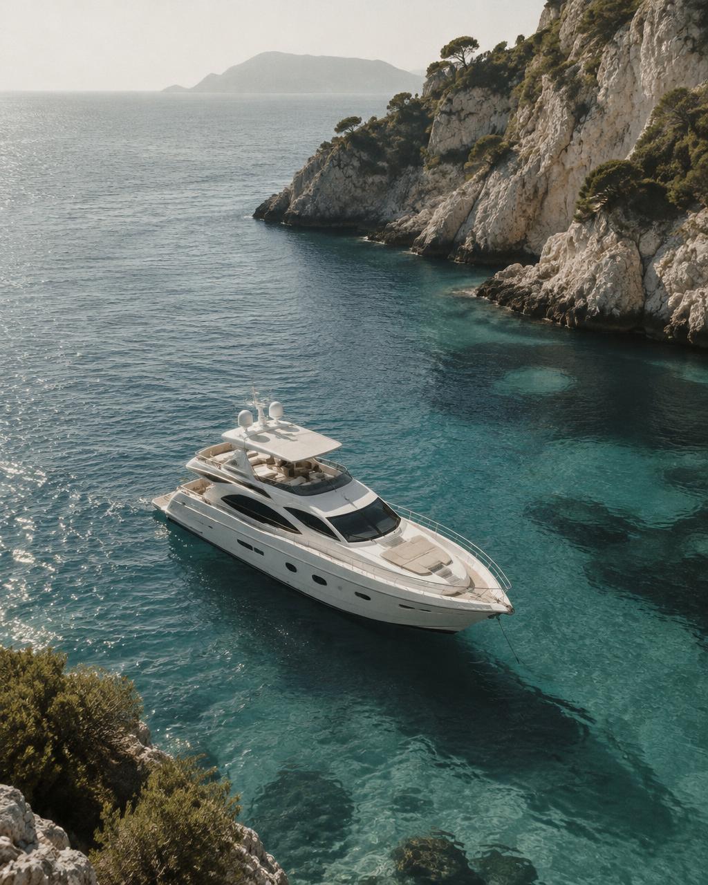 A private yacht anchored in a turquoise Mediterranean cove